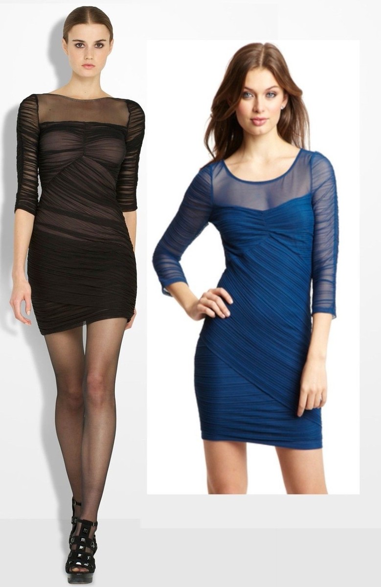 BCBG Maxazria Ink Blue Danika Illusion Bodice Ruched Shirred