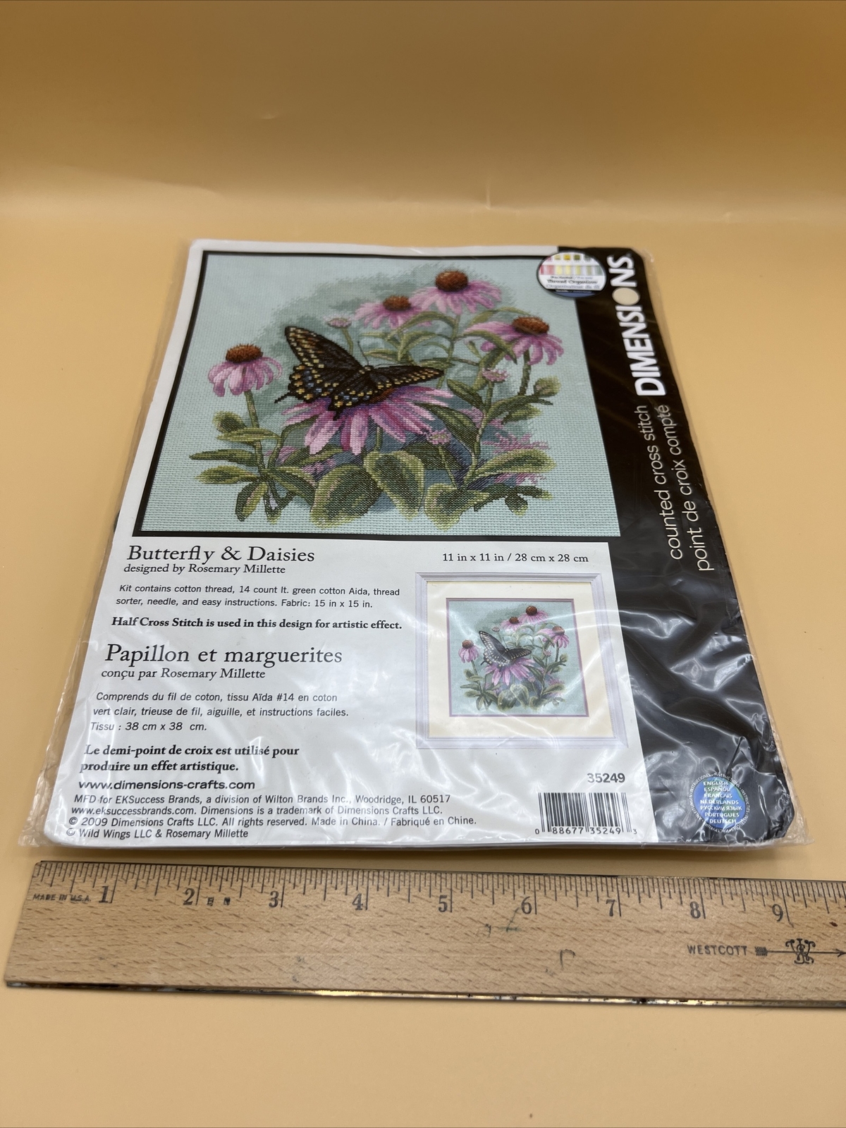 Kit De Bordado De Mariposas Y Margaritas Dimensions - Algodón Preclasificado Para Punto De Cruz, 28x28 Cm