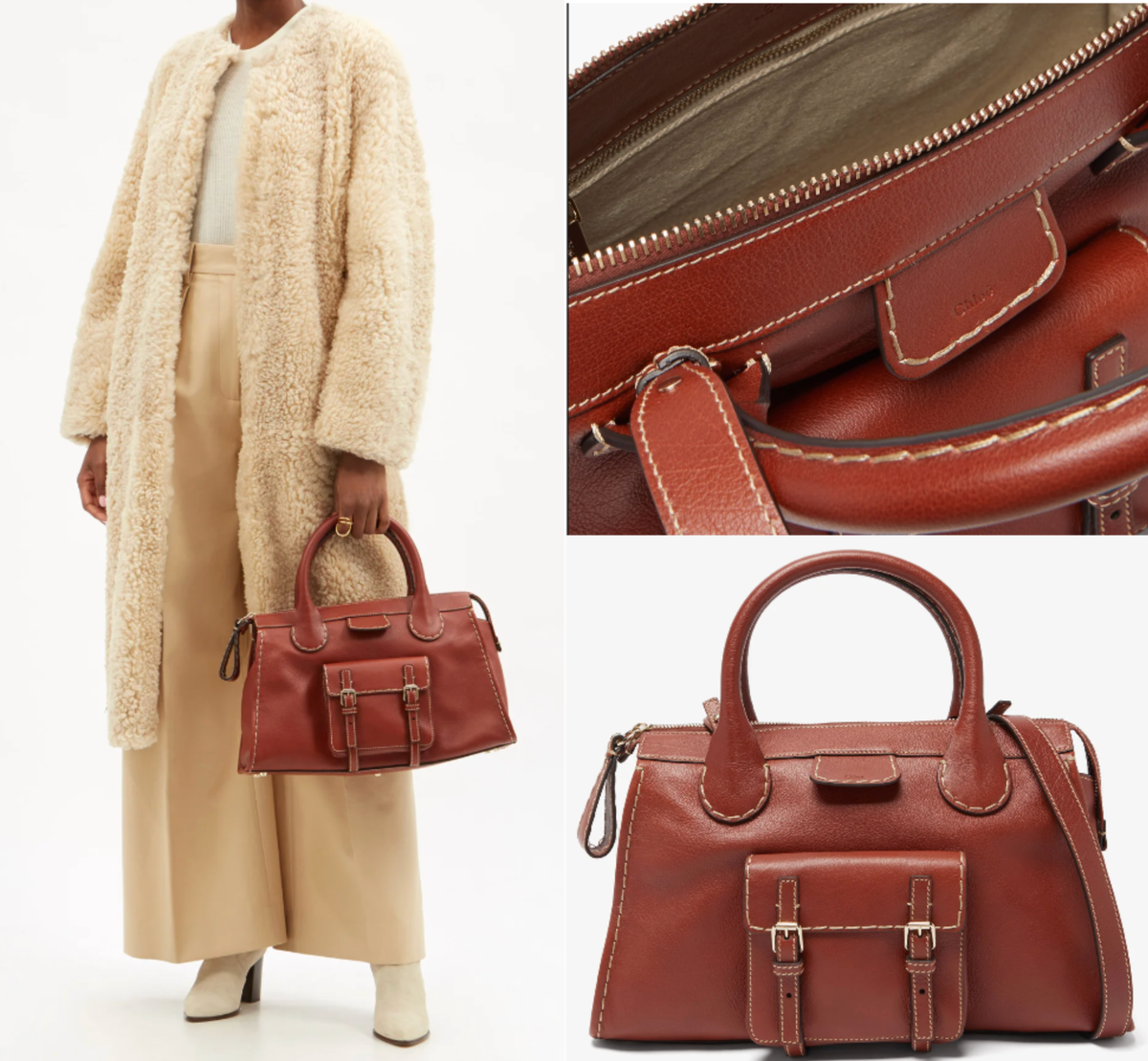 CHLOÉ Edith Medium Tote Day Bag Topstuched Leather Tasche
