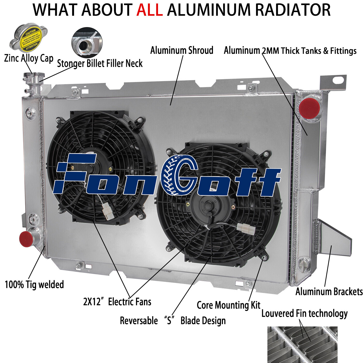 4 ROW ALUMINUM RADIATOR SHROUD FAN FOR FORD F150 F250 F350 BRONCO 1985-1997