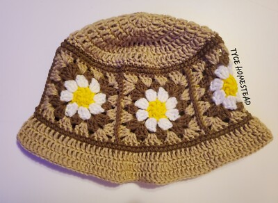 Beige And Brown Granny Square Daisy Crochet Bucket Hat Handmade