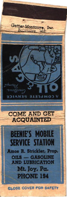 Beenie's Mobile Service Station, Oils-Gasoline, Mt. Joy, Vintage Matchbook Cover