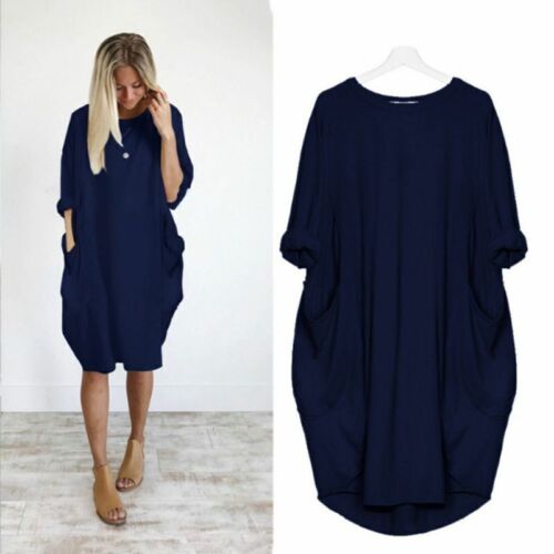 New Womens Casual Oversized Long Sleeve Dress Ladies Pockets Baggy T-Shirt Tops - Picture 16 of 33
