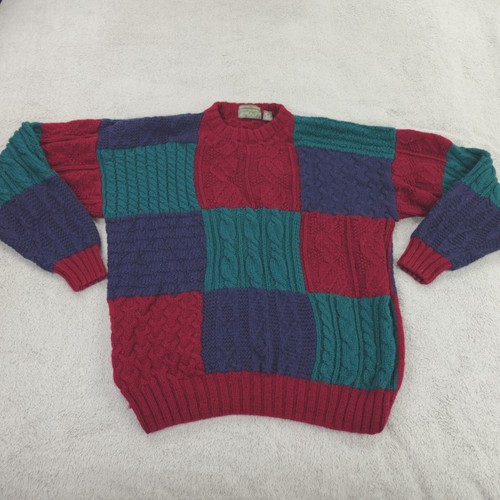 Lord Taylor Sweater Mens XL Red Green Blue Color Block Worsted Wool Hand Knit