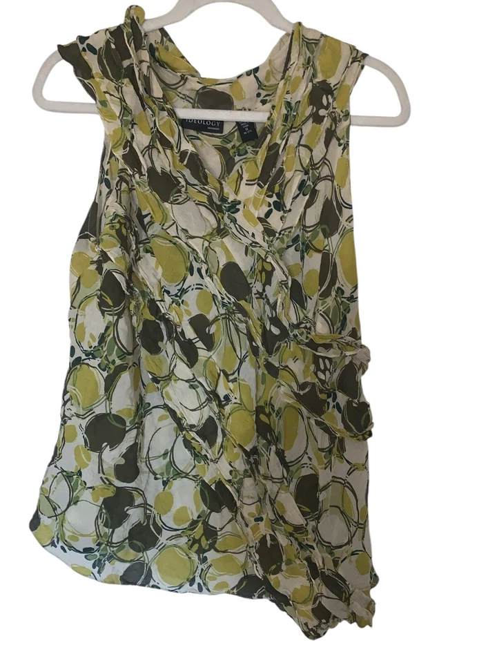 Ideology Lime Green Abstract 100% Silk Ruffle Tank Top Sz 1X Asymmetrical Ruffle - Изображение 2 из 4