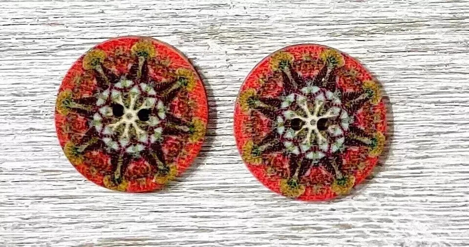flowers boho wood buttons sewing 2 holes 1 inch (set #1042) 2pc - Image 2 of 2