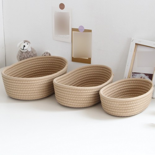 Woven Basket Mini Storage Basket Cute Small Cotton Rope Basket Oval Hamper Decor - Imagen 14 de 32