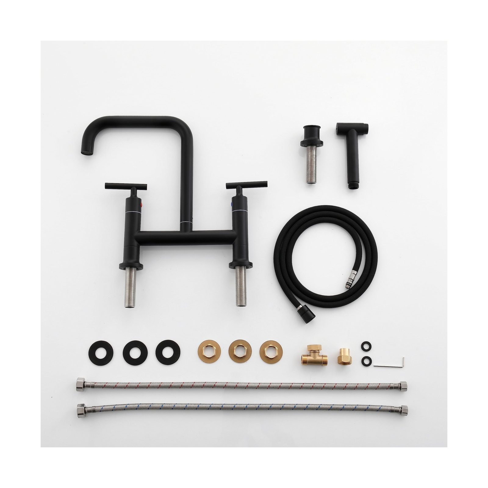 Kitchen Bridge Faucet with Side Sprayer, 2 Handles 3 Holes Brass Kitchen Fauc...