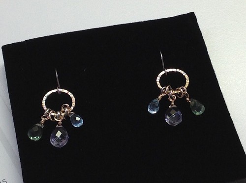 NWT Iolite/Green Amethyst/Blue Topaz on Hand Textured Hammered Hoop Earrings - Picture 5 of 6