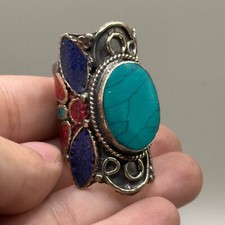 STUNNING TIBETAN NEPALI HAND MADE SILVER COATED RING WITH STONES