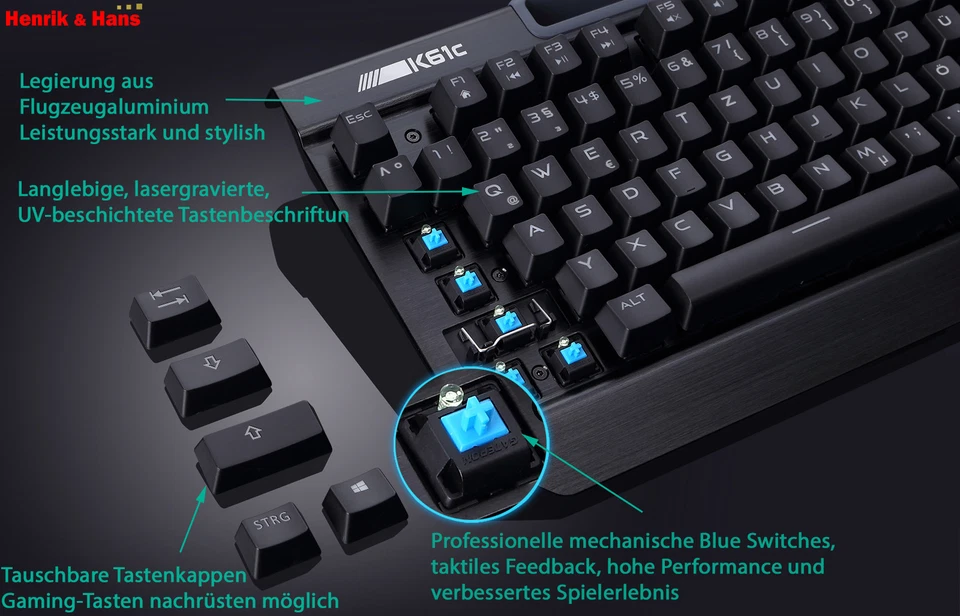 Rii K63C Mechanische Gaming Tastatur grüne Tastenbeleuchtung keyboard Deutsch - Bild 3 von 4
