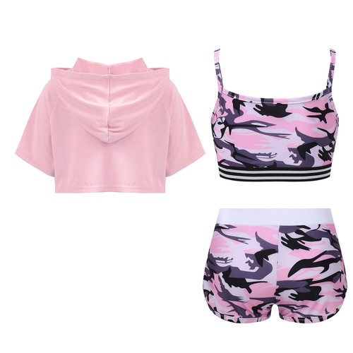 Kids Girls Tracksuits Camouflage Camisole Outfits Hooded Set Dance Crop Top - Picture 6 of 32