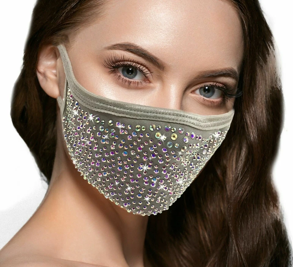 3 PACK Rhinestone Face Mask Large stones PURPLE, Beige, GRAY with filter pocket - Image 4 of 4