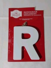 Letter R White Wood Holiday Time Monogram Ornament Craft, Made of Wood NWT