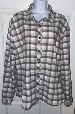 Helly Hansen Women's Sz 2XL Gray Plaid Cotton Flannel Roll Tab Button Shirt EUC