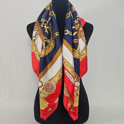 Sun Kyung Sa Vintage 80er Jahre? Satin Schal blau gold rot klassisches Design 34x34" - Bild 3 von 11