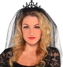 Veiled Tiara Day of the Dead Black Fancy Dress Halloween Adult Costume Accessory
