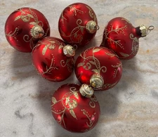 6 Frontgate red glass Christmas tree ornaments gold glitter scroll design