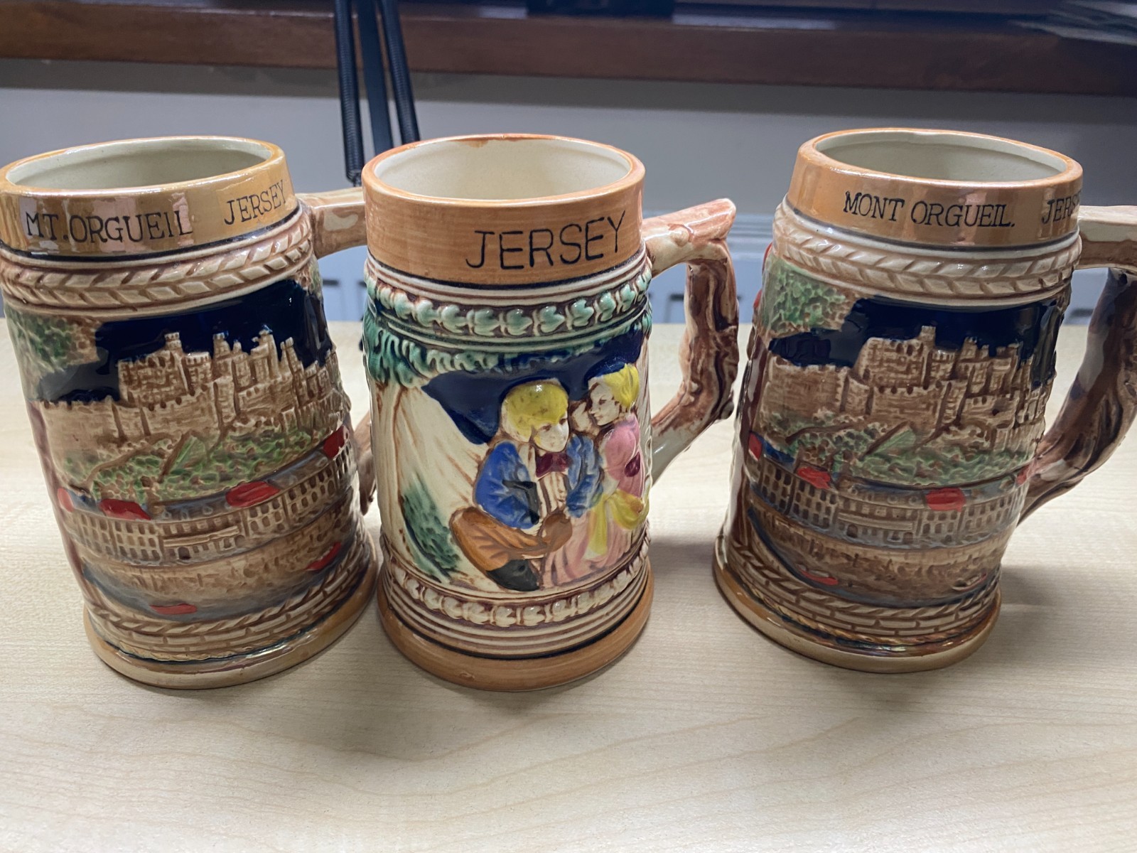3 x Vintage Ceramic Beer Stein German Style Jersey 15cm Tall VGC