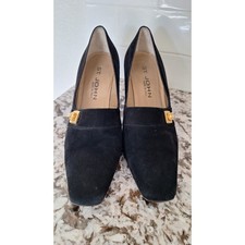St John Black Suede Block Heel Pumps Square Toe Gold Logo Made in Italy 7.5 B