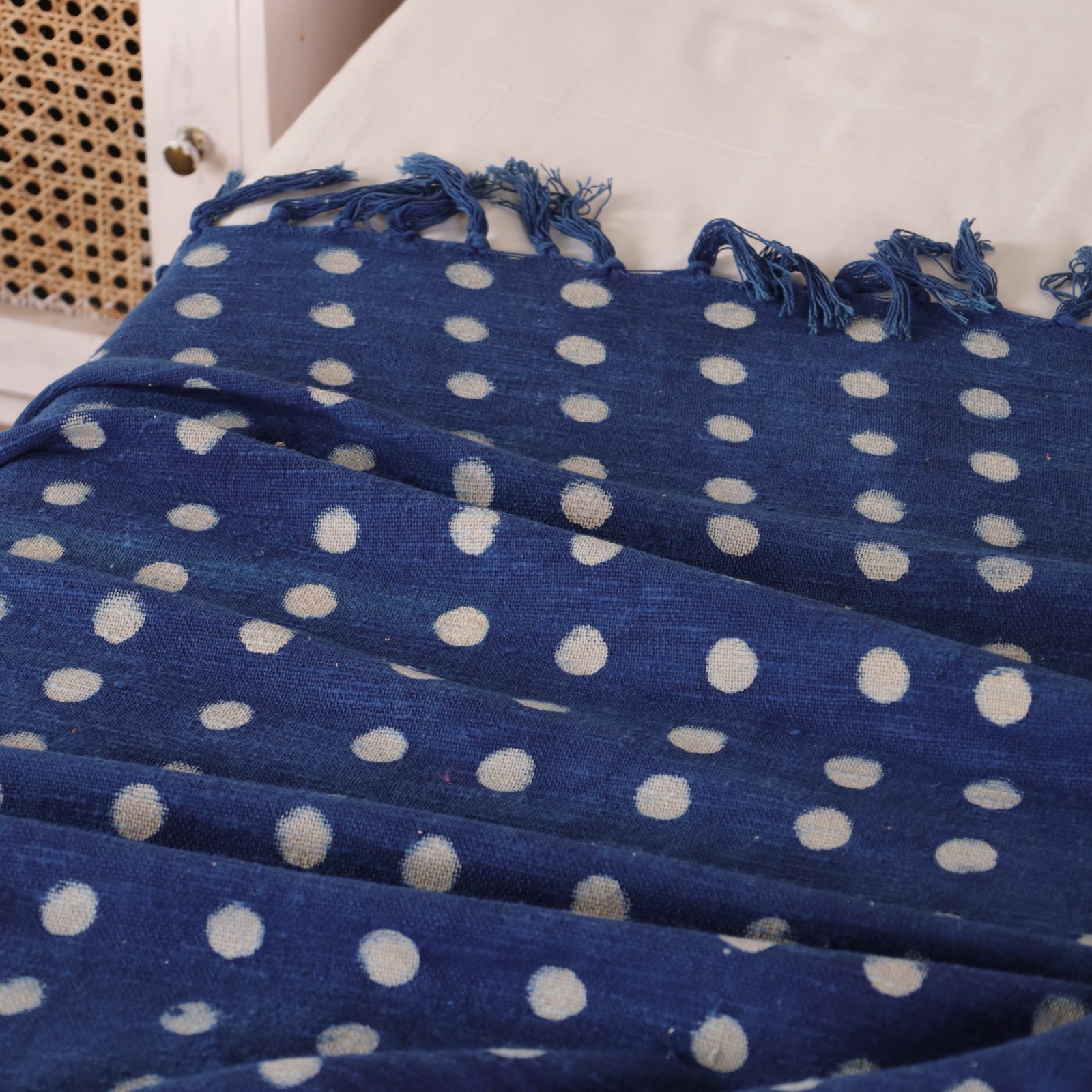Indian Indigo Blue Throw  Handmade Cotton Fringed Polka Dot Bed Sofa Blanket