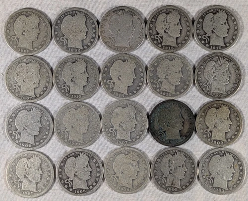 LOT OF 20 BARBER QUARTERS 90% SILVER COINS $5 FACE VALUE #62