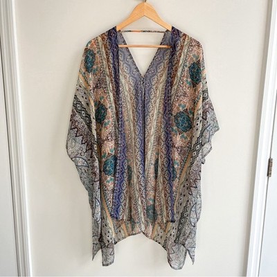 Daniel Rainn Sheer Boho Geometric Paisley Printed Open Beach Caftan Multicolor