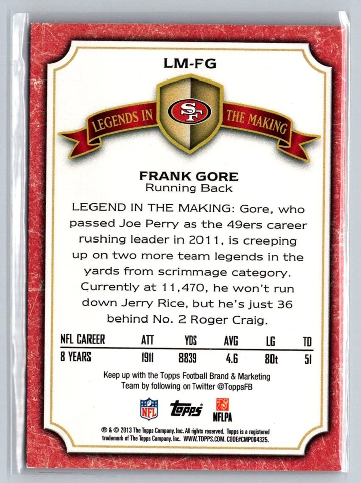2013 Topps #LM-FG Frank Gore Legends in the Making - Image 2 of 2