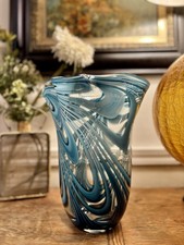 Vintage Hand Blown art glass vase with blue and white swirls. 11 Inches Tall
