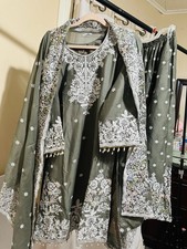 Green  White Embroidered Cotton Pakistani Salwar Kameez with Dupatta for Women