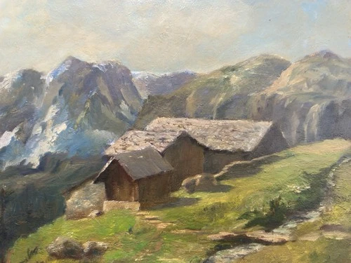 Swiss Alps Mountain Chalet Landscape, Signed Oil Painting