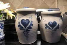 2 Rowe Pottery Works 10.5 & 9.5 Kitchen Canister Crock with Lid Salt Glazed 1998
