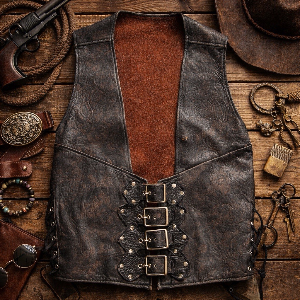 Vintage Leather Vest Distressed Brown Black Embossed Biker Buckle