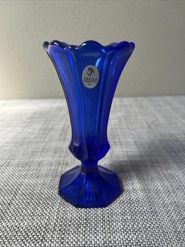 Fenton Cobalt Blue Pedestal Vase With Fenton Sticker