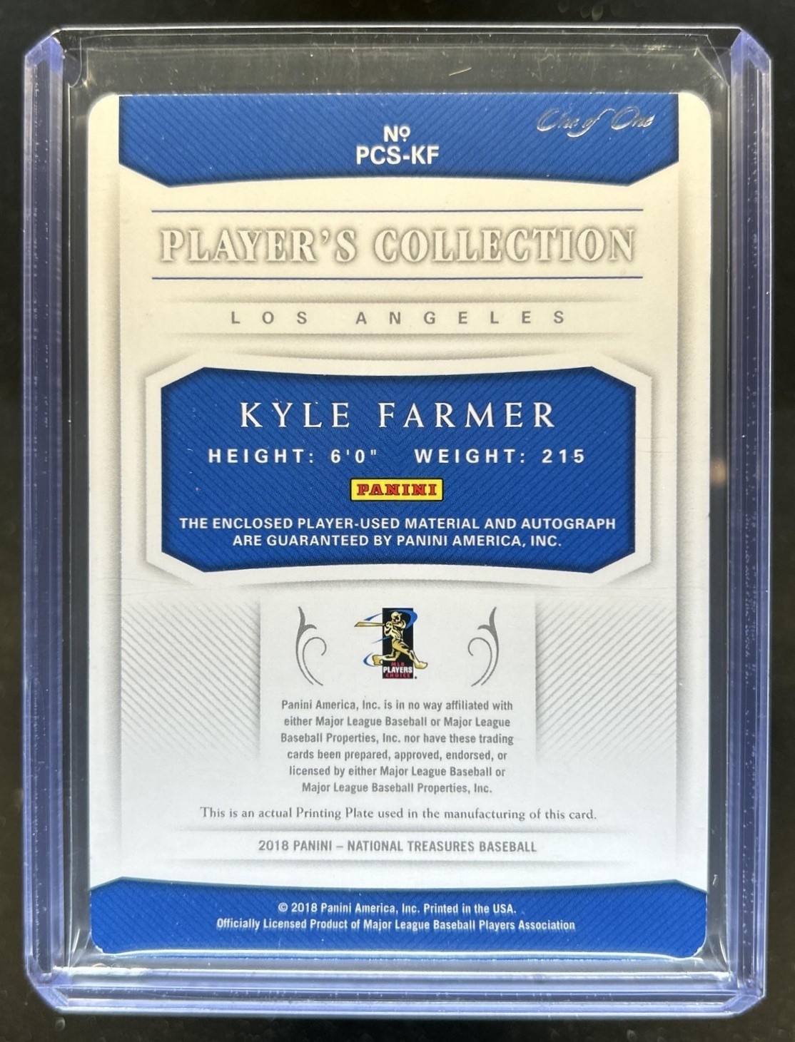 2018 National Treasures Kyle Farmer Player's Patch Printing Plate Auto RC #1/1 view 2