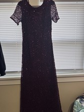 Adrianna Papell Purple Sequin Mesh Gown V-Neck Short Sleeve Long Size 10