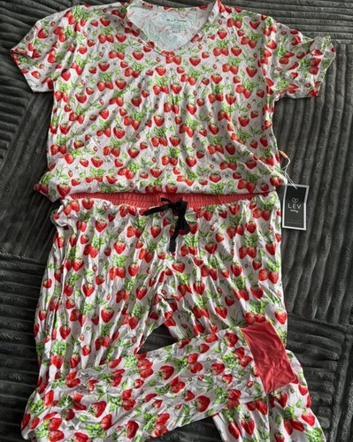 Conjunto de pijama de bambú con estampado de bayas/fresas para mamá-cuello en V manga corta camiseta joggers S - Imagen 5 de 11