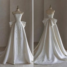 Elegant A-line Satin Strapless Lace Applique Wedding Dress Large Bow Bridal Gown