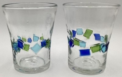 Global Amici Harlequin II Double Old Fashioned Glasses Fused Blown Glass Mosaic