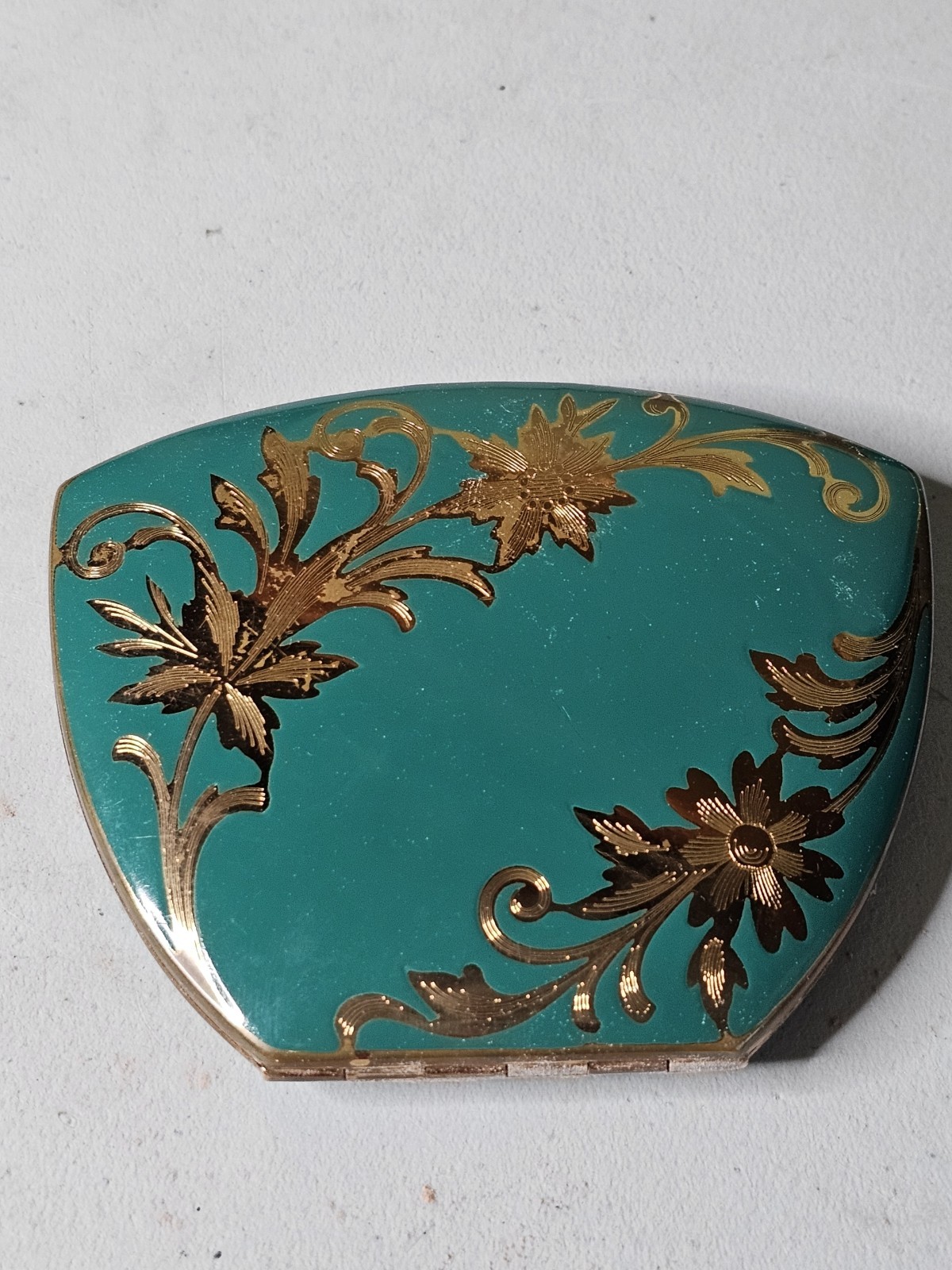 Vintage Elgin Powder Compact Turquoise Gold Floral w Mirror