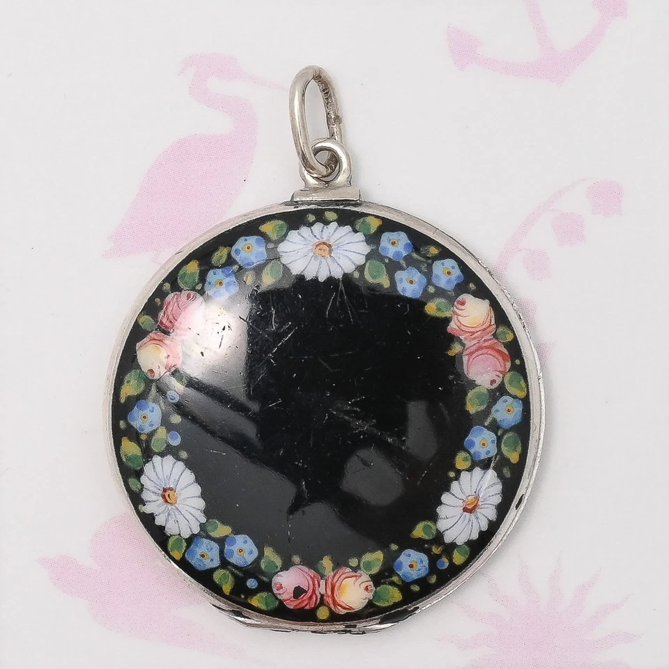 Antiguo medallón colgante Art Deco Forget Me Not Daisy Rose esmalte plata años 20 Foto 4 de 4