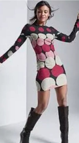 VENUS Women's M Medium Knit Long Sleeve Mini Dress Geometric Fitted Polka Dot