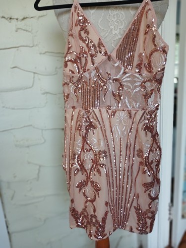 Neu mit Etikett Pretty Little Thing Bobycon-Minikleid roségoldfarben Pailletten durchsichtig Größe 4 Small