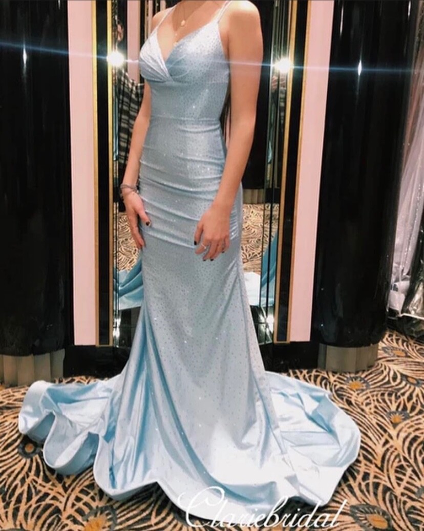 aqua navy blue dress Spaghetti Straps Sheath Aqua Blue Prom Dress Formal Satin Party Dress