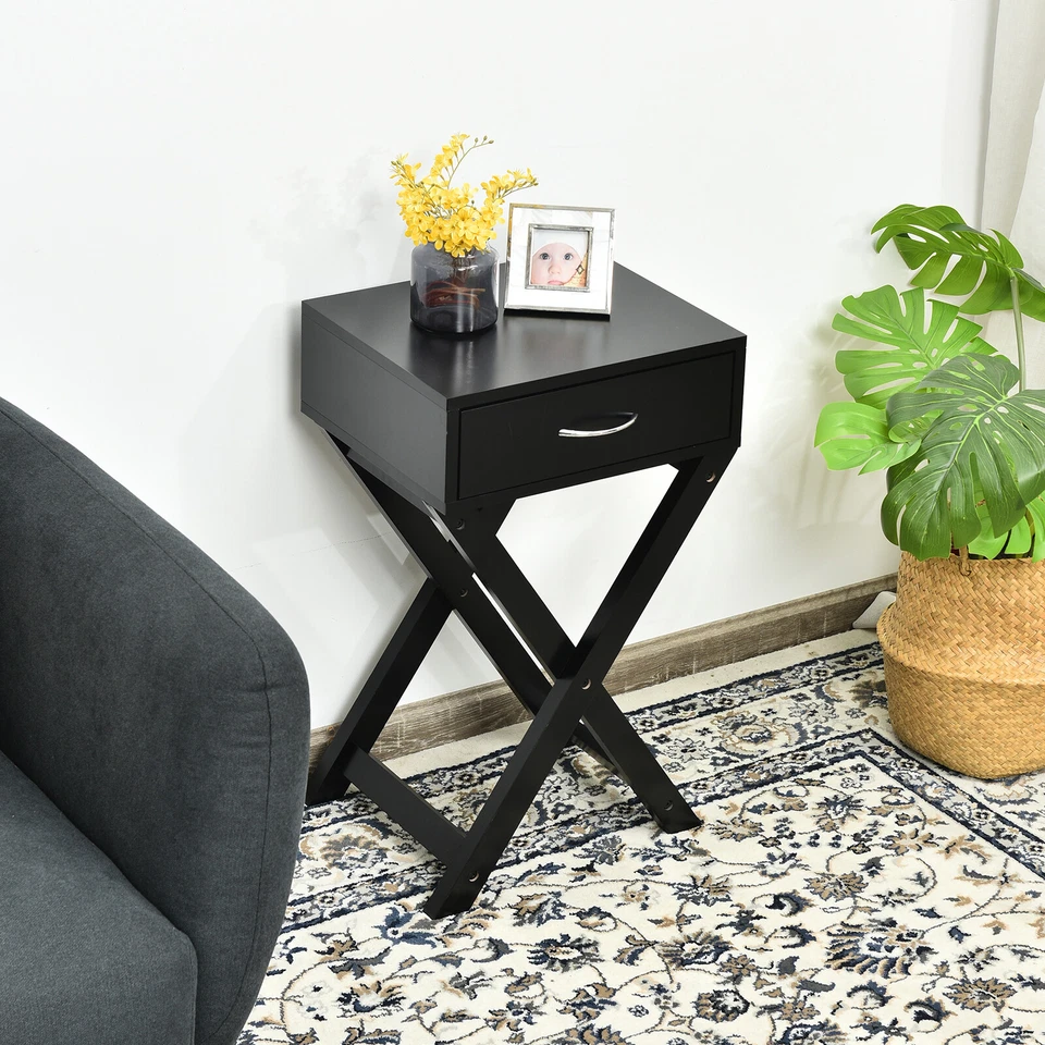 Modern Nightstand X-Shape Accent Side End Table Furniture w/ Drawer Black - Image 3 of 4