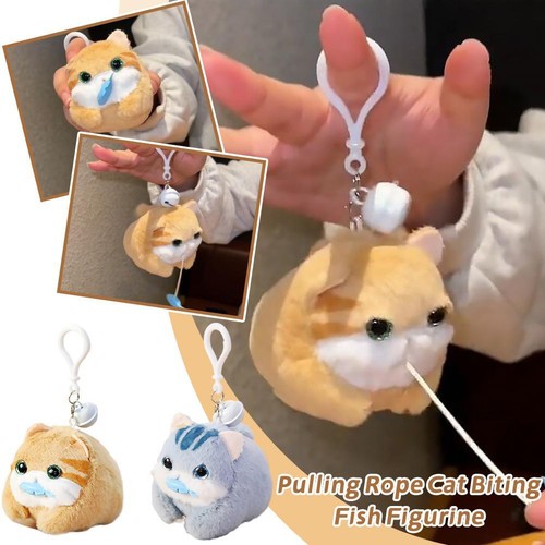 Pull String Cat Pull Cord Wagging Tail Keychain Pulling Rope Cat Biting Fish Figurine ...