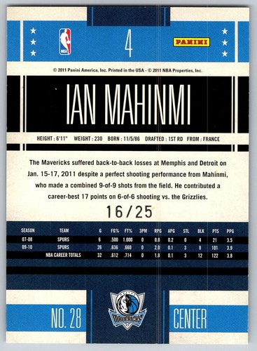 Ian Mahinmi 2010-11 Classics Timeless Tributes Platinum Rookie RC #115 Mavs /25 - Picture 2 of 2