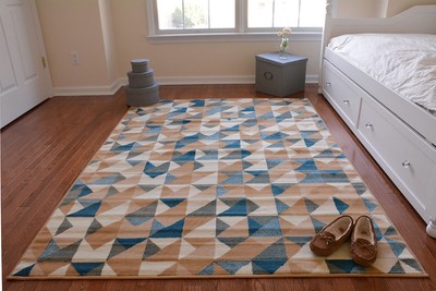 Contemporary Triangle Checkered Beige Blue Area Rugs 5x7 5 By 7 Area Rug Ebay