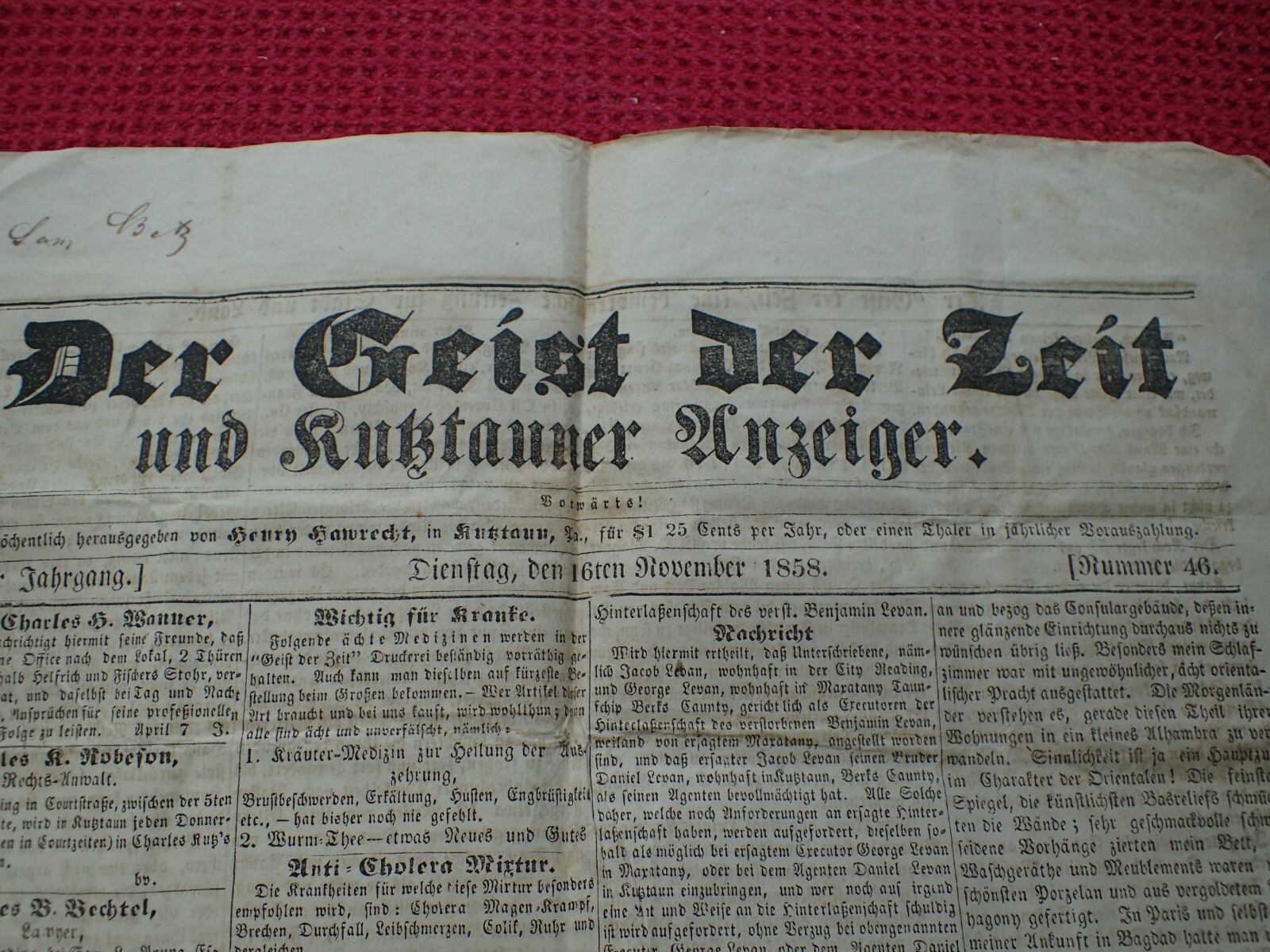 1858 pre Civil War Kutztown Newspaper Printed in Pennsylvania Dutch