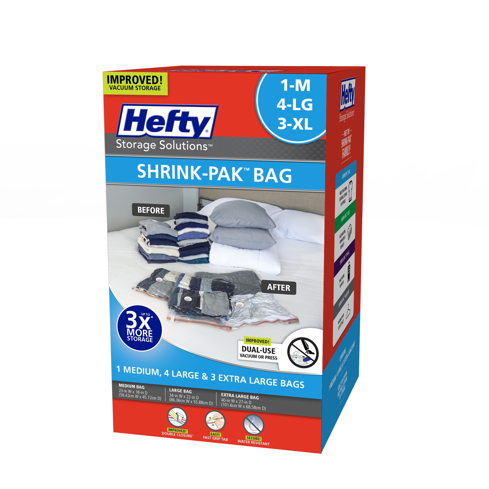 Hefty Shrink-Pak 1 Medium, 4 Large, 3 X-Large Vacuum Compression Storage Bags,